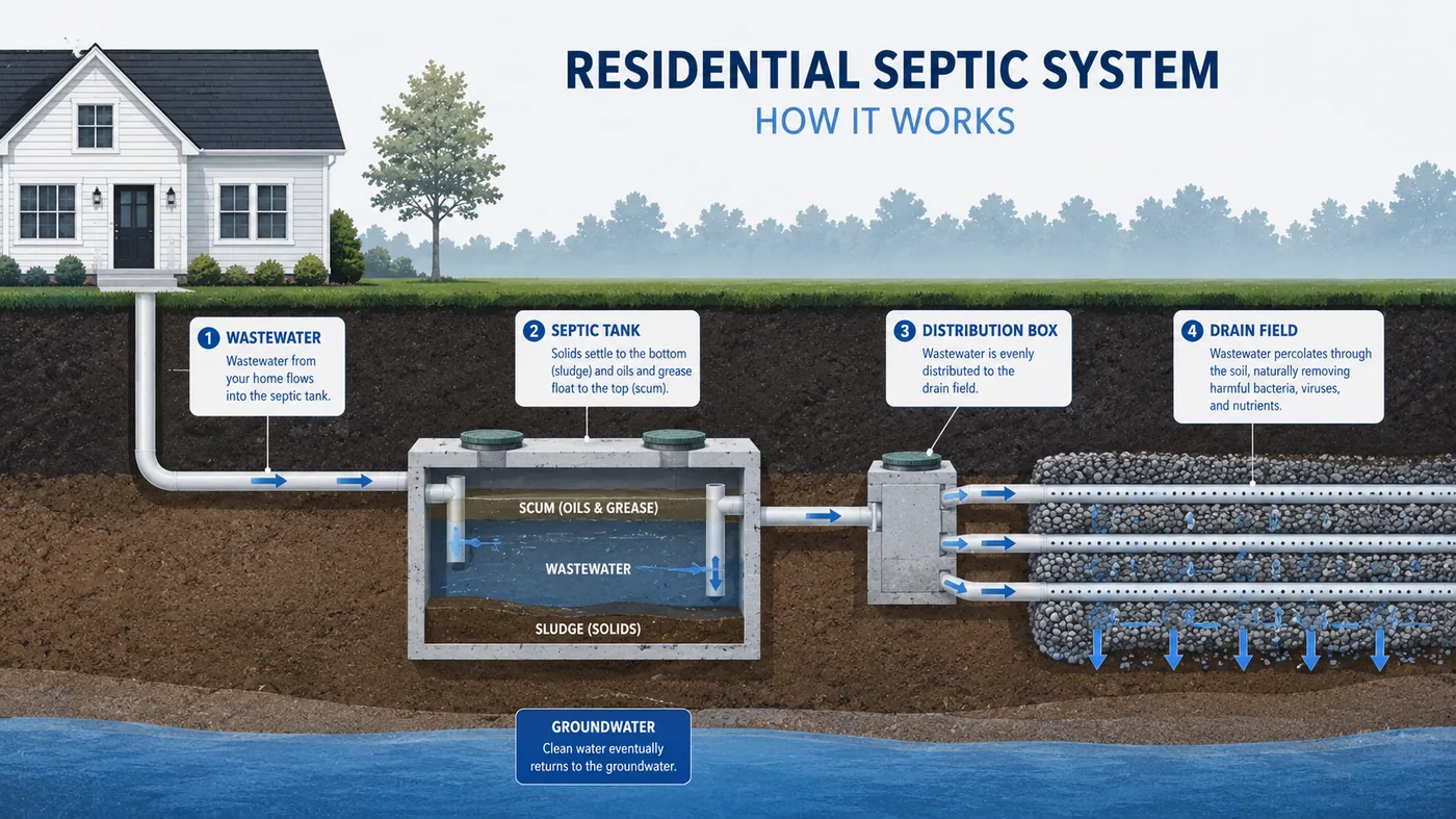 Diagram of a residential septic system showing the tank, distribution box, and drain field