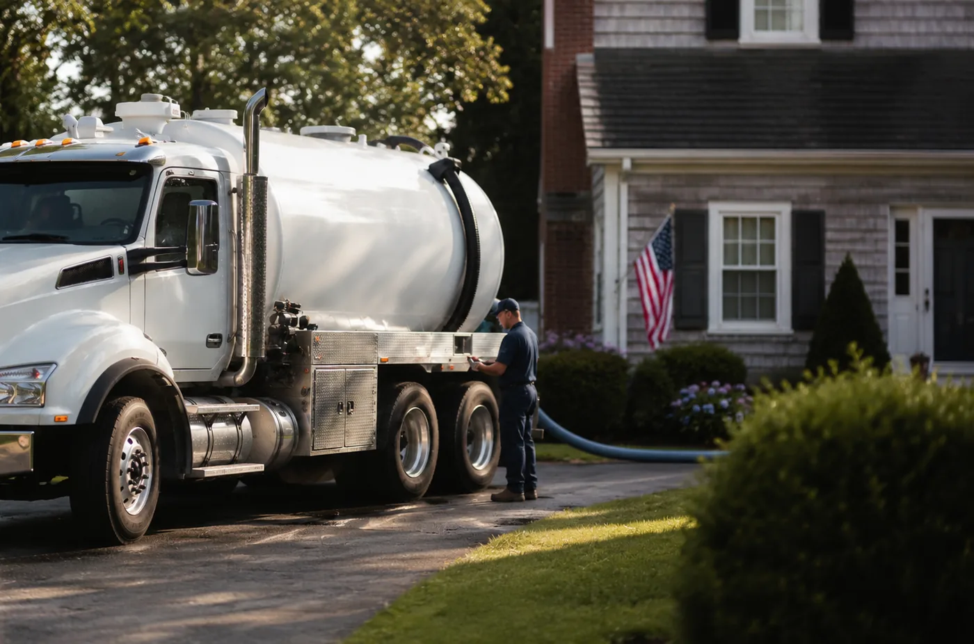 Pumper truck servicing a residential septic tank at a Tennessee family home