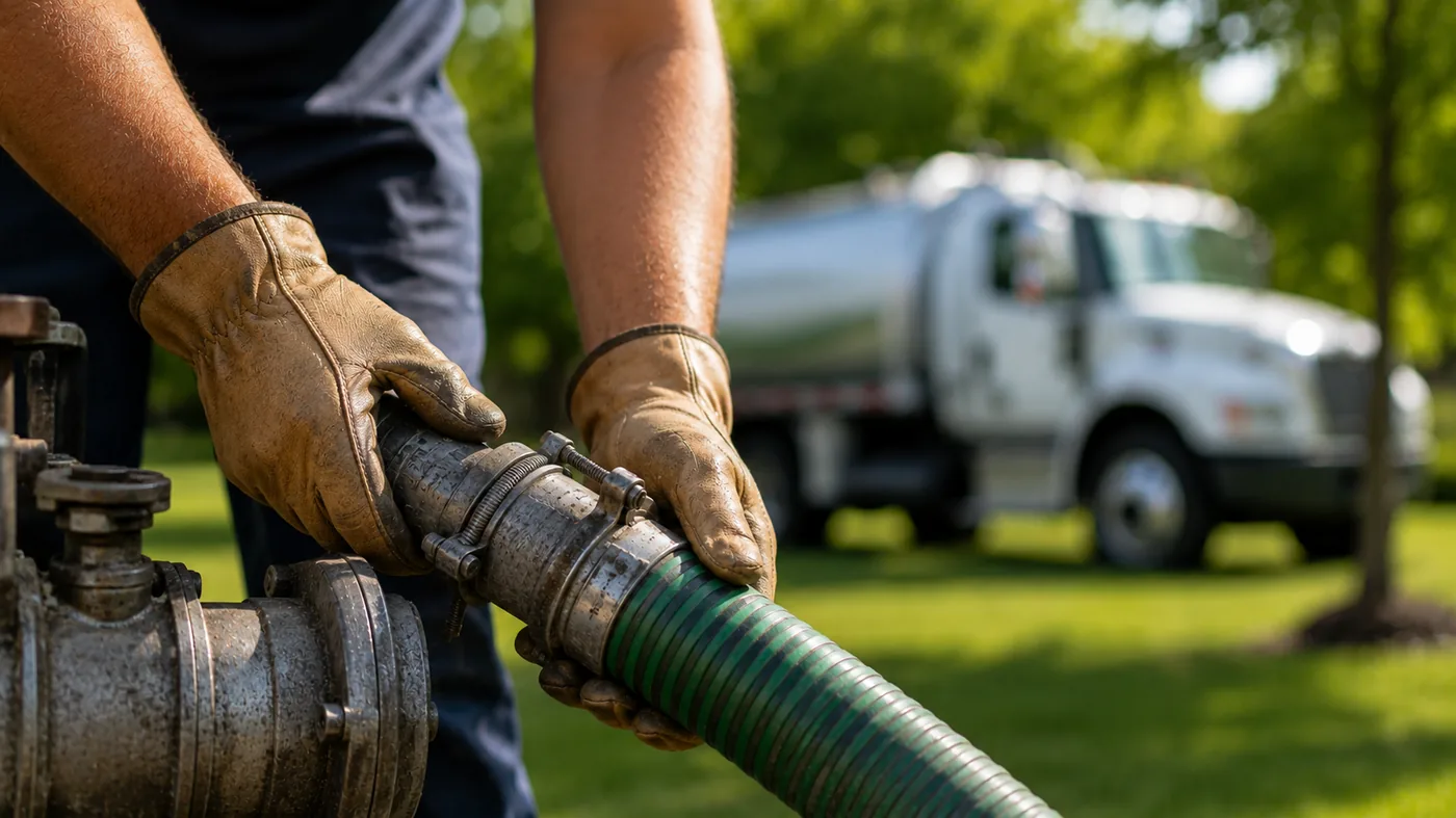 Close up of a septic pumping hose connection during a residential tank service