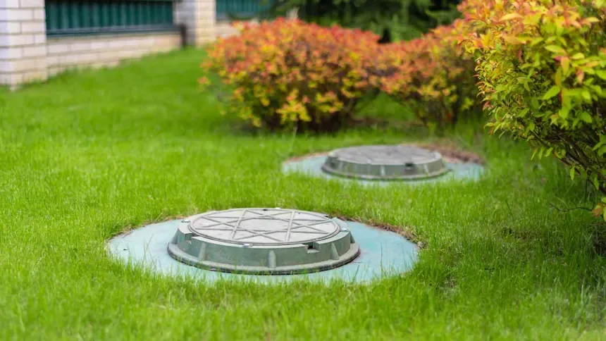 Two septic tank access lids set into a green residential lawn ready for service
