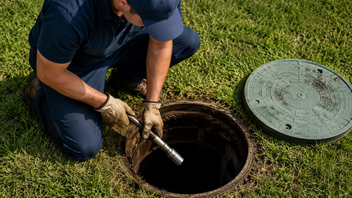 Septic technician using a flashlight to inspect the inside of an open septic tank