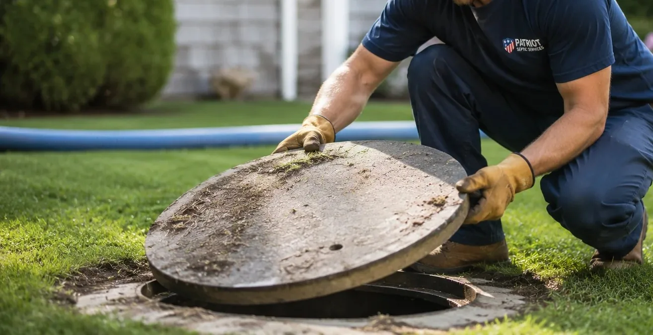Local septic technician carefully lifting a concrete septic tank lid to begin service
