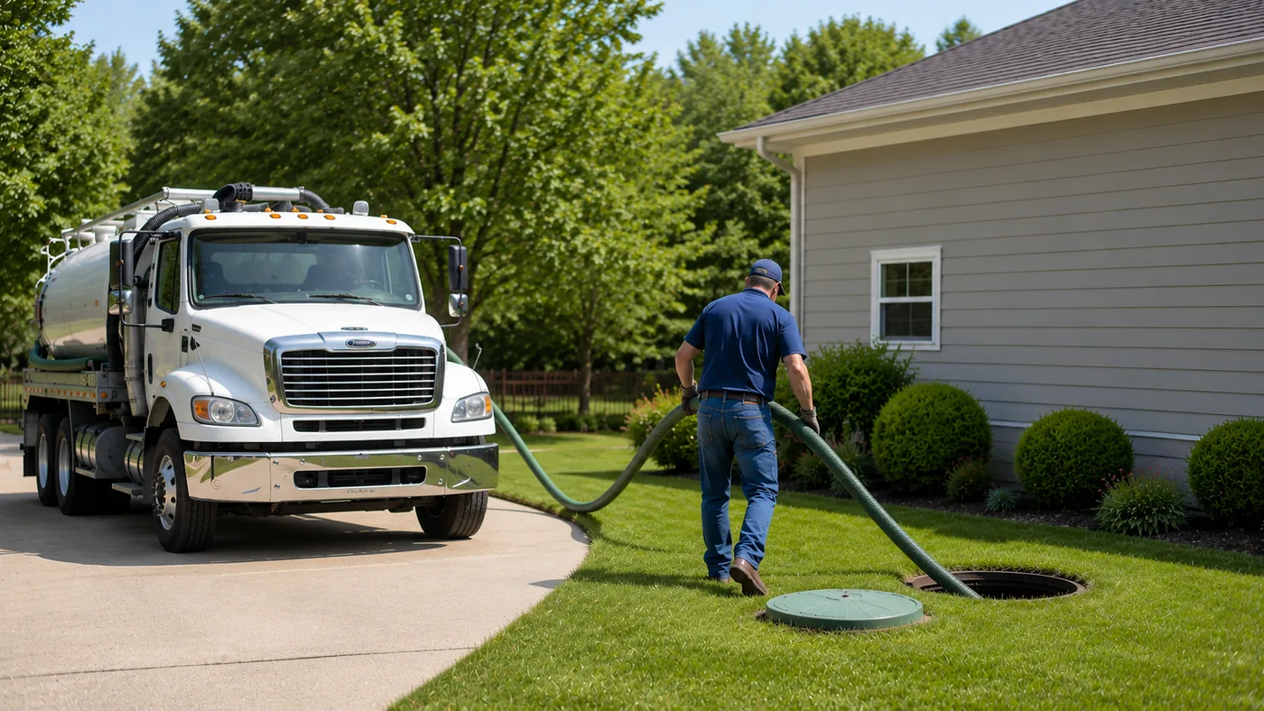 Septic pump truck performing a residential tank pump out from a suburban driveway